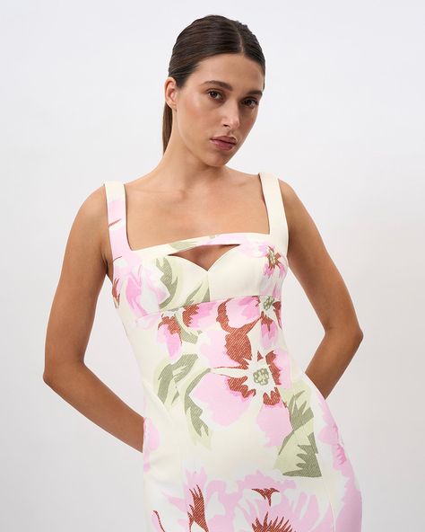 THE EDEN. Clean line & classic for Spring ‘24 Shani Grimmond, Eden Dress, Dress Colour, The Eden, Dress Unique, Fitted Midi Dress, Pink Ivory, Floral Squares, Floral Print Fabric