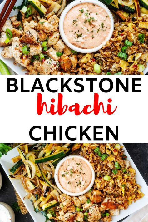 Get ready to bring the irresistible savory-sweet appeal of a Hibachi steakhouse right into your own kitchen with this Blackstone Hibachi Chicken recipe! With tender chicken and veggies, perfectly seasoned and seared to perfection on the powerful heat of a Blackstone flat-top griddle, it is a crave-worthy meal you will make again and again. I’ll show you how to recreate the whole Hibachi experience at home, complete with the fun of cooking outdoors. Japanese On Blackstone Griddle, Blackstone Hibachi Chicken, Hibachi Veggies, Blackstone Hibachi Recipes, Hibachi Chicken Recipe, Blackstone Hibachi, Blackstone Cooking, Hibachi Recipes, Hibachi Chicken