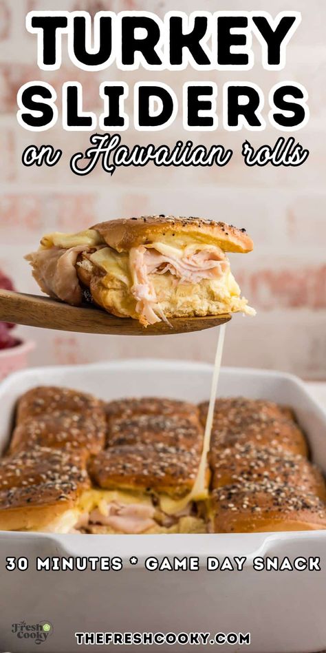 These baked turkey and cheese sliders on King's Hawaiian rolls are the perfect 30-minute meal! Ideal for game day, they're packed with flavor, melty cheese, and a sweet, buttery glaze that’ll have everyone asking for more. Get the recipe via @thefreshcooky Game Day Hawaiian Roll Sliders, Deli Turkey Sliders On Hawaiian Rolls, Oven Baked Sandwiches Hawaiian Rolls, Kings Rolls Sliders, Turkey And Cheese Hawaiian Rolls Sliders, Slider Recipes Hawaiian Rolls Turkey, Baked Turkey Sliders Hawaiian Rolls, Tailgate Sliders Hawaiian Rolls, Turkey Slider Recipes