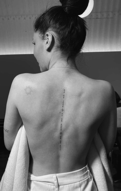 back tattoo, sun Fearless Spine Tattoo, Date Spine Tattoo, Coordinates Spine Tattoo, Roman Numeral Spine Tattoos For Women, Back Tattoo Phrase, Boho Spine Tattoo, Top Of Spine Tattoos For Women, Spine Tattoos For Women Fine Line, Spine Tats Quotes