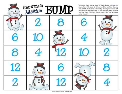 Snowman Addition Doubles Game, Bump" (free; from First Grade a la Carte) Snowman Math, Winter Math Games, Christmas Math Games, January Math, Doubles Facts, January Classroom, Addition Games, Daily 3, Winter Math