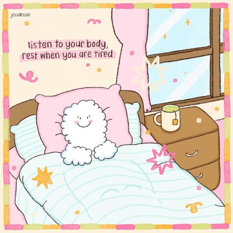 Embrace the power of rest. It’s a chance to recharge and come back stronger.☁️💖 #jessdessin #mrbubbles #fenbobo #nimbus #illustration #cuteillustration Bubblegum Core Aesthetic, Rest Day Aesthetic, Quotes About Rest, Rest Quote, In Bed Aesthetic, Preppy Quotes, Cute Motivational Quotes, Rest Day, Dear Self