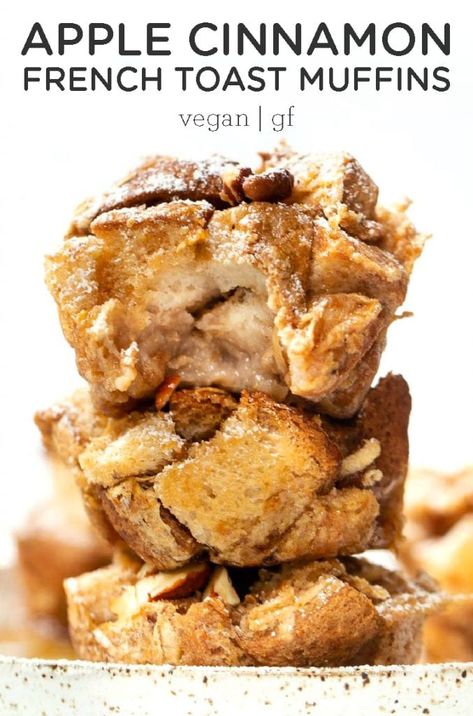 These amazing VEGAN french toast muffins are flavored with cinnamon and apple! They're healthy, naturally sweet, perfect for fall and easy to meal prep too! Gluten-free and made with flax eggs, a great egg replacer! #veganfrenchtoast #applecinnamon #frenchtoastrecipe #glutenfreefrenchtoast Apple French Toast Muffins, Gluten Free French Toast, French Toast Muffins, Vegan French Toast, Vegan Breakfast Easy, Simply Quinoa, Cinnamon French Toast, Healthy Vegan Breakfast, French Toast Easy