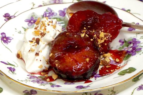 Honey Poached Plums — Ronnie Fein Poached Plums, Poached Fruit, Plum Dessert, Preserving Fruit, Soft Foods Diet, Kosher Kitchen, Fruit Soup, Kitchen Vignettes, Plum Recipes