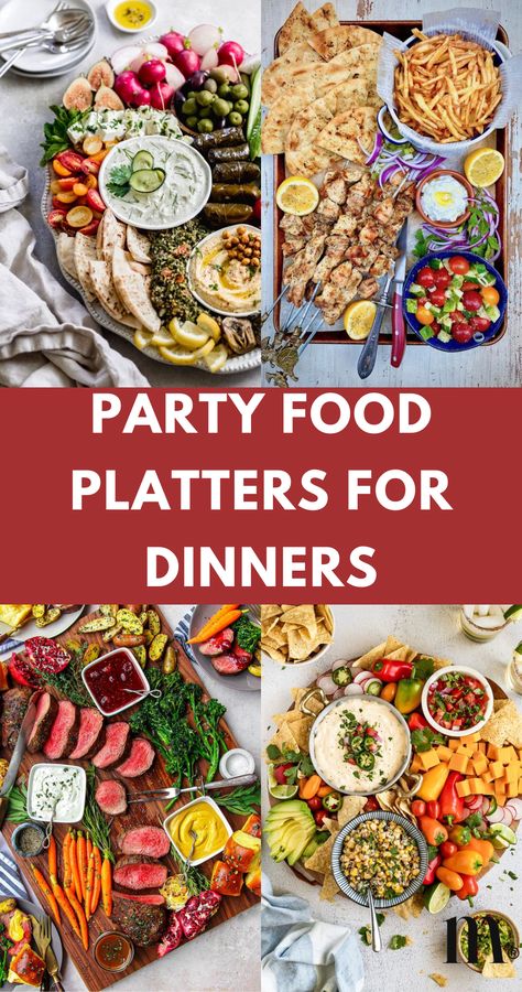 Get inspired by our collection of 30+ best party food platters for dinner parties and impress your guests with delicious party food! Elevate your dinner parties with stunning Party Food Platters! Explore food ideas perfect for any party or holiday gathering. Save to your party planning board and click through for endless inspiration. Board Meals Dinners, Lunch Ideas For Adults Party, Easy Food For Party Dinners, Dinner Platter Ideas, Dinner Boards For Parties, Board Dinner Ideas, Family Party Food, Food Platters Ideas, House Party Food