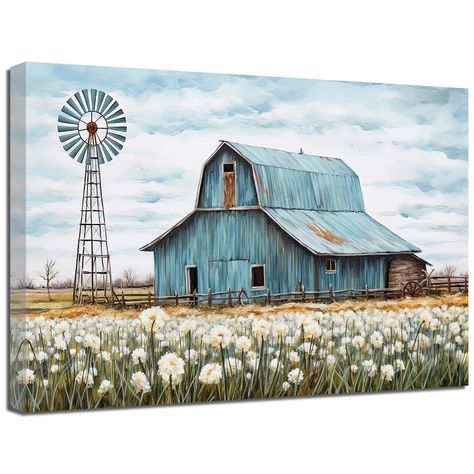 PRICES MAY VARY. [Rustic Teal Canvas wall art]-----A perfect modern Old Barn wall decoration painting for your home, living room, office, bedroom, kitchen, apartment, corridor, restaurant, bar, etc. Unique wall art adds an elegant artistic atmosphere to you. [Product Material]-----This Barn Theme Canvas Print is made of professional canvas material, which is waterproof and durable, which is good for long-term collection. Images are printed in high definition with vibrant colors, creating a natur Farmhouse Paintings On Canvas, Inspirational Paintings Canvases, Ranch Artwork, Old Barn Paintings, Apartment Corridor, Prints For Kitchen, Windmill Landscaping, Barn Wall Art, Countryside Paintings