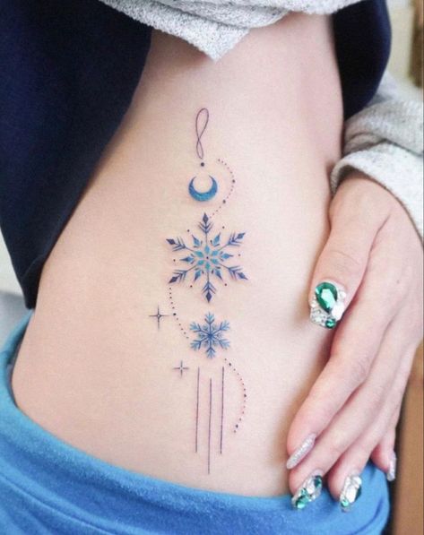 Snow And Moon Tattoo, Ice Tattoo Ideas, Four Seasons Tattoo, New Year Tattoo, Year Tattoo Ideas, Ice Tattoo, Frozen Tattoo, Snowflake Tattoo, Winter Tattoo