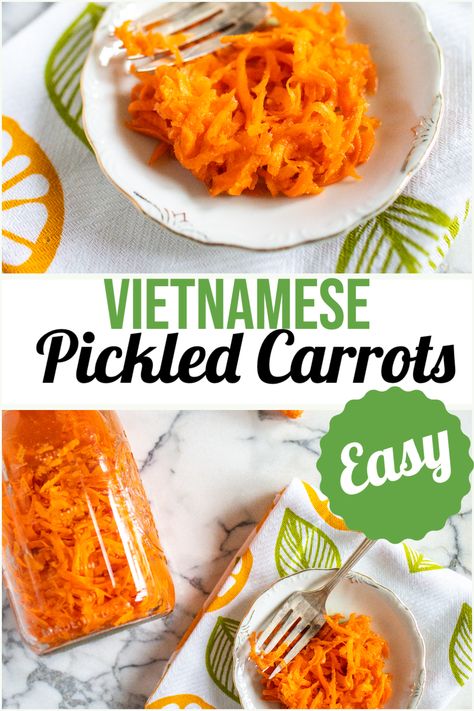 Vietnamese Pickled Carrots - you'll always want to have a jar of these quick pickled carrots in your fridge. Only five ingredients - water, salt, vinegar, sugar and carrots - these go with everything! They are great on stir fries, salads and stir fries - I even like them on burgers! Thai Pickled Carrots, Vietnamese Carrot Pickle, Asian Pickled Carrots, Sweet Pickled Carrots Recipe, Pickled Carrots Vietnamese, Pickled Carrots Recipe, Canned Carrots, Quick Pickled Cucumbers, Pickled Carrots