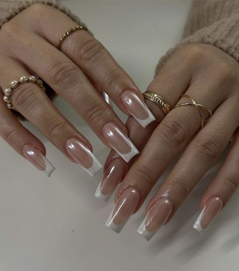 Nail Inspo Chrome French, Long Square Chrome Nails, Square French Chrome Nails, Nails Chrome Square, Chrome French Nails Square, White Base French Nails, Shiny French Tip Nails, Chrome Square Nails, French Nails Chrome