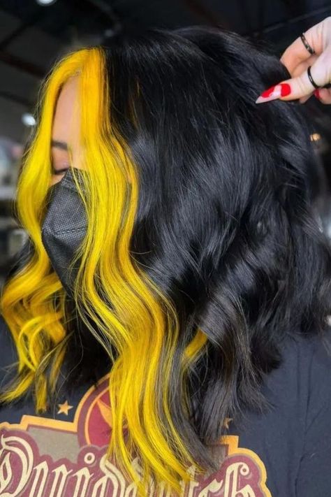 Intense Yellow Money Piece Colored Money Pieces, Artsy Hair, Black Hair Ombre, Yellow Hair Color, Black Red Hair, Peekaboo Hair, Vivid Hair Color, Bold Hair Color, Pulp Riot Hair