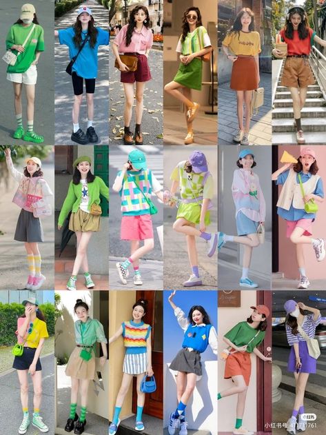 Outfit Looks On Their Different Body Types Colourful 90s Fashion, Colourful Korean Outfits, Colorful Korean Outfits, Black Women Spring Outfits, Outfits Black Women Spring, Korean Fashion Colorful, Spring Outfits Black Women, Ootd 90s, Spring Outfits Black