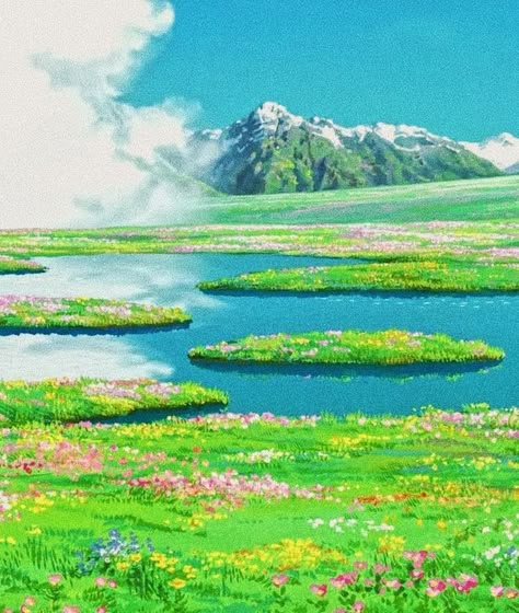 Studio Gibhili Scenery, Howls Moving Castle Flower Field Scene, Studio Ghibli Scenes Landscape, Gibili Studios Background, Howls Moving Castle Scenes To Paint, Gibli Studio Scene, Studio Ghibli Flower Field, Ghibli Landscape Scenery, Howls Moving Castle Scenery