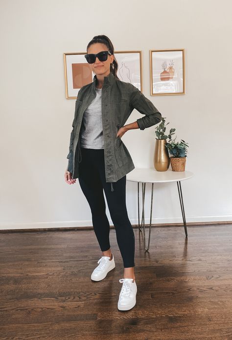 What I Wore Last Week (Fall Capsule Week One Recap) - Stitch & Salt Green Anorak Jacket Outfit, Khaki Jacket Outfit, Anorak Jacket Outfit, 70 Degree Weather Outfit, Momma Outfits, White Tennis Shoes Outfit, Utility Jacket Outfit, Green Jacket Outfit, Outfits Leggins