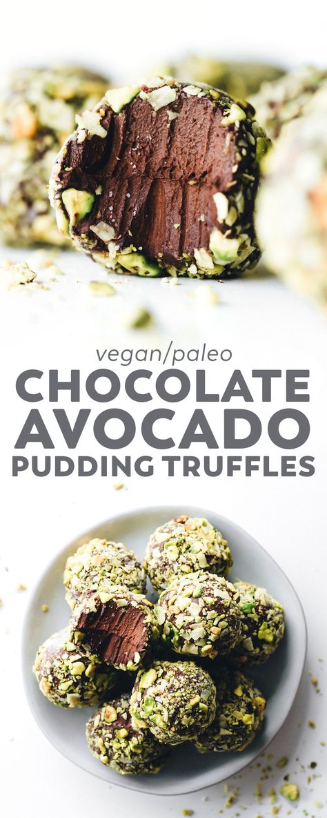 Ultra decadent Chocolate Avocado Pudding Truffles with the most heavenly texture and cruncy pistachio coconut coating. Vegan, paleo, and easy! #chocolate #vegan #paleo #nobake #easyrecipe #truffle #dessert #glutenfree via @feastingonfruit Avocado Desserts, Truffle Dessert, Desserts Nutella, Healthy Vegan Dessert, Chocolate Avocado Pudding, Resep Vegan, Cheesecake Vegan, Avocado Dessert, Avocado Chocolate Pudding