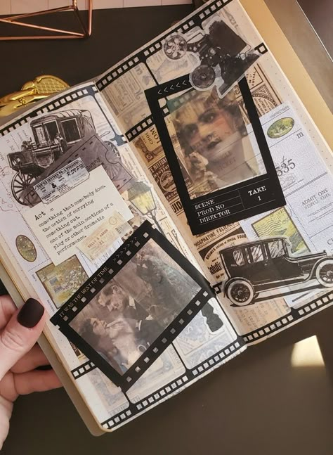 Journal page! Movie Themed Scrapbook, History Collage Ideas, Journal Ideas 1st Page, Great Gatsby Scrapbook, History Assignment, Travel Portfolio, Collage Journaling, Gatsby Book, History Aesthetic