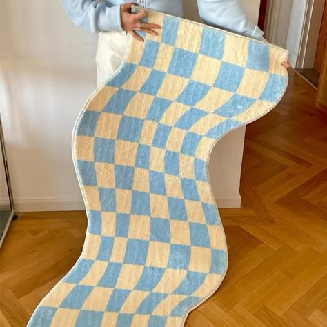 this wavy checkered rug is such a vibe rock it in any way to compliment your checkered decor halls, extensions, kitchens, bathrooms ~~ ~~ it works🎀✨ Checkerboard Bedroom, Carpet Cute, Bedside Rug, Danish Pastel, Plush Carpet, Checkered Rug, Bedroom Area Rug, Fluffy Rug, Lattice Design