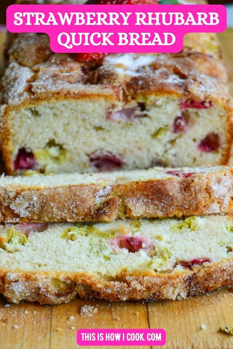 This easy strawberry rhubarb bread tastes amazing. Perfect for a snack, dessert or breakfast. This easy quick bread is wowzers! #strawberryrhubarbbread #strawberryrhubarbbreadrecipe #strawberryrhubarbdesserts #strawberryrhubarbquickbread Strawberry Rhubarb Bread Recipes, Rhubarb Strawberry Recipes, Strawberry Rhubarb Bread, Rhubarb Bread Recipe, Almond Poppy Seed Bread, Strawberry Rhubarb Muffins, Strawberry Rhubarb Recipes, Strawberry Bread Recipes, Rhubarb Bread