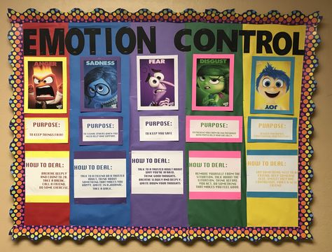 Wellness Bulletin Board I made for September! EMOTION CONTROL Emotional Health Bulletin Board, Well Being Display Board, Emotion Regulation Bulletin Board, All Emotions Are Okay Bulletin Board, Bulletin Board Ideas For Special Education Classroom, Elementary School Wellness Room, Emotion Control Bulletin Board, Character Strong Bulletin Board, Well Being Bulletin Board