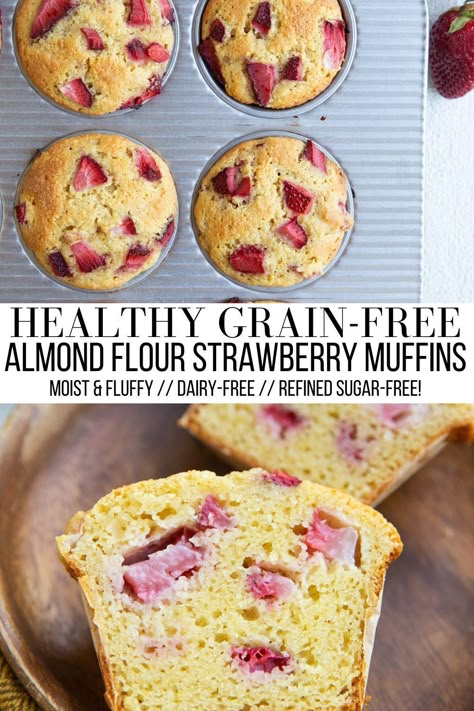 Almond Flour Strawberry Muffins that are grain-free, dairy-free, and refined sugar-free. These moist and fluffy strawberry muffins are a household staple! Easy to prepare and so full of delicious flavor! #PALEO #STRAWBERRY #MUFFINS #GRAINFREE #GLUTENFREE #HEALTHY Strawberry Recipes Vegan, Paleo Strawberry Muffins, Gluten Free Strawberry Muffins, Strawberry Muffins Healthy, Paleo Muffin Recipes, Strawberry Rhubarb Muffins, Strawberry Muffin Recipes, Almond Flour Muffins, Paleo Muffins