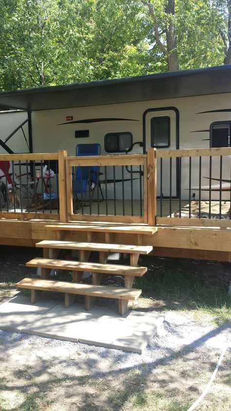 Deck On Camper, Diy Rv Ideas, Camper Lot Landscaping, Rv Lot Landscaping Ideas Patio, Camper Patio Ideas Campsite, Rv Lake Lot Ideas, Camper Lot Ideas, Camper Lake Lot Ideas, Decks For Campers