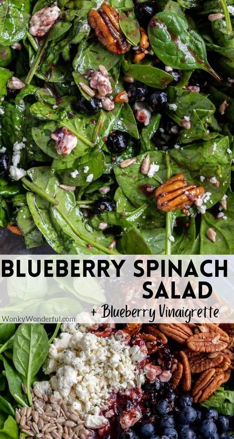 This Blueberry Spinach Salad Recipe with Blueberry Vinaigrette is fresh nutritious salad that makes a great side dish or meal. #saladrecipes #spinachsalad #spinachsaladrecipes #healthyrecipes #sidedishrecipes Spinach Salad Balsamic Dressing, Cucumber Blueberry Spinach Salad, Blueberry Summer Salad, Spinach And Romaine Salad Recipes, Spinach Lettuce Salad Recipes, Spinach Salad Meal Prep, Spinach Blueberry Salad Recipes, Fresh Side Salad, Quick Spinach Salad