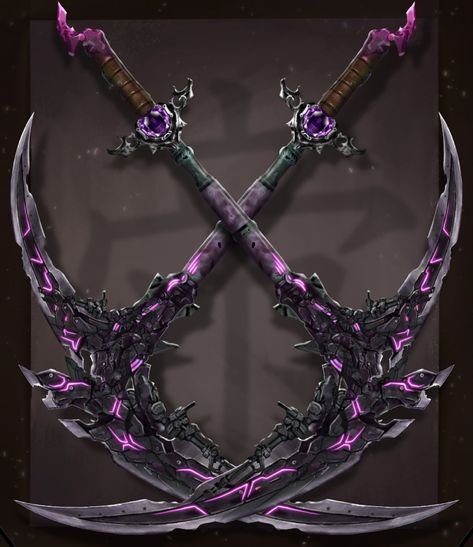 Moon Sickle Fantasy Art, Fantasy Scythe With Chain, Fantasy Scythe Ideas, Cool Blades, Dual Scythe Designs, Scythe Magic, Sickle Concept Art, Sickles Aesthetic, Double Bladed Scythe