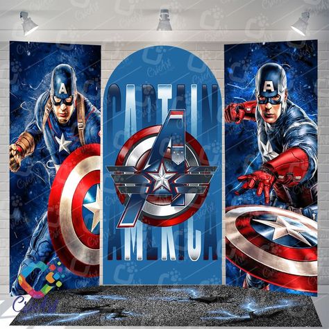 Marvel Backdrop Birthday, Avengers Background For Birthday, Avengers Backdrop, Captain America Canvas, Captain America Graphic Design, Captain America Fabric Pannel, Captin America, American Theme, Birthday Party Decorations Diy