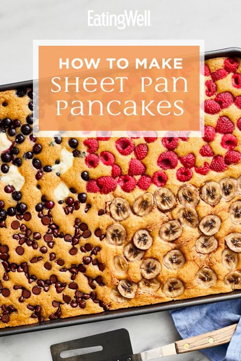 Sheet-pan pancakes are a great, fool-proof way to cook an easy breakfast for a crowd. Just pick your flavors, make your mix (you can use store-bought pancake mix or make your own batter) and pop them in the oven. #breakfast #healthybreakfast #breakfastideas #brunchideas #healthybreakfastrecipes #healthyrecipes Krusteaz Pancake Mix Recipes, Pancake Mix Uses, Krusteaz Pancake Mix, Sheet Pan Pancakes, Pan Pancakes, Oven Pancakes, Pancake Mix Recipes, Breakfast For A Crowd, Baked Pancakes