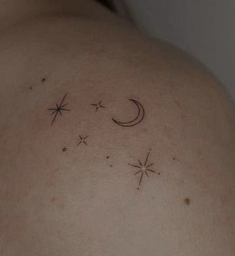 Delicate Moon And Stars Tattoo, Constellation And Moon Tattoo, Moon And Stars Hip Tattoo, Micro Moon Tattoo, Moon And Constellation Tattoo, Moon Collar Bone Tattoo, Moon With Stars Tattoo, Stars And Moon Tattoo, Star And Moon Tattoo