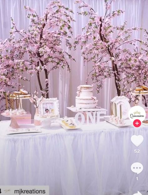 First Birthday Dessert Table, Cherry Blossom Wedding Decor, Birthday Dessert Table, Cherry Blossom Wedding Theme, Baptism Decorations Girl, Cherry Blossom Party, Sweet 16 Party Themes, Cherry Blossom Wedding Invitations, Cherry Blossom Cake