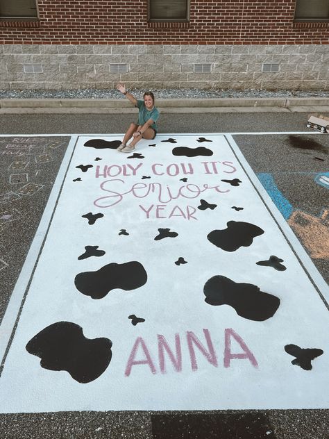 Cute Parking Spot Paintings Senior, Cow Print Senior Parking Spot, Parking Spot Painting Country, Cow Senior Parking Spot, Senior Parking Spaces Country, Senior Parking Space Ideas Country, Parking Spot Ideas High School, Senior Brick Painting Ideas, High School Parking Spot Painting Ideas