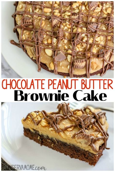 Brownie Cake With Peanut Butter Frosting, Perfect Party Cake, Brownie Peanut Butter Pie, Peanut Butter Brownie Cake, Peanut Butter Brownie Pie, Brownie Peanut Butter Dessert, Brownie Cake Ideas, Brownie Cake Birthday, Peanut Butter Torte