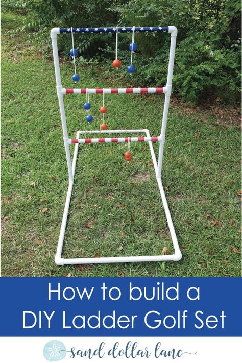 Build your own Ladder Golf Lawn Game with these easy to follow instructions! #sanddollarlane #laddergolf #ladderball #lawngame #diy #diyproject #beachgame #diyproject Diy Golf Game, Ladder Toss Game Diy, Diy Wood Projects Outdoor Yard Games, Diy Ladder Golf, Diy Lawn Jenga, Mini Golf Course Diy Obstacles, Toss Game Diy, Ladder Toss, Ladder Golf