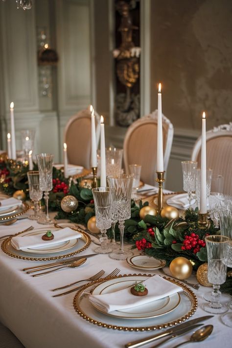 Set the stage for unforgettable holiday meals with these luxurious table settings. Explore color schemes, place settings, and centerpieces that will impress your guests. Elegant Holiday Tablescapes, Simple Christmas Tablescapes, Winter Tablescape Ideas, Luxe Christmas, Classy Christmas Decor, Winter Tablescapes, Christmas Place Settings, Cold Moon, Christmas Dinner Table