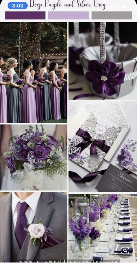 Purple And Gray Wedding, Silver Glitter Wedding Invitations, Unique Wedding Colors, Purple And Silver Wedding, Plum Wedding, Wedding Color Combos, Wedding Colors Purple, Purple Wedding Theme, Wedding Color Trends