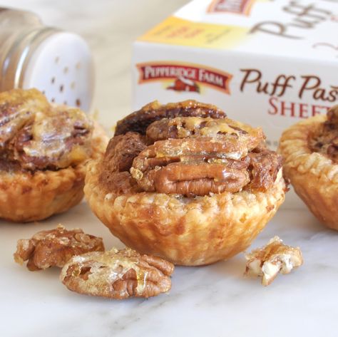 Puff Pastry Pecan Mini Tarts Topped with Caramelized Pecan Halves Recipe.  Make your holidays sweeter with these mini pecan pies Deliciously small and perfectly unshareable! Puff Pastry Mini Tarts, Pecan Puff Pastry Recipes, Puff Pastry Pecan Pie, Puff Pastry Pecan Bites, Pecan Pie Puff Pastry, Puff Pastry Pecan Pie Bites, Pecan Puff Pastry, Mini Tarts Recipe, Fall Pastries