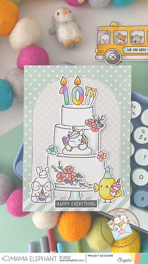 MAMA ELEPHANT 10th Year Anniversary & Promotion Mama Elephant Celebration Cake, Mama Elephant Birthday Cards, Elephant Birthday Cakes, Drawing Pictures For Kids, 10th Year Anniversary, Candle Stamping, Elephant Cards, Mama Elephant Cards, Mama Elephant Stamps