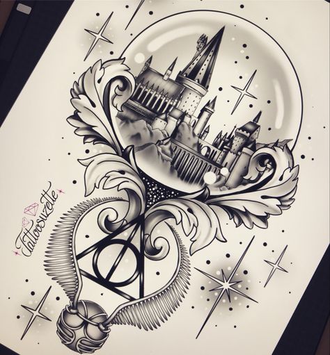 Harry Potter Tattoos Thigh, Harry Potter Collage Tattoo, Harry Potter Tattoo Designs Drawings, Hogwarts Art Draw, Hedwig Tattoo Harry Potter, Harry Potter Sleeve Tattoo For Women, Harry Potter Tattoos Sleeve, Harry Potter Art Sketches, Harry Potter Sleeve Tattoo