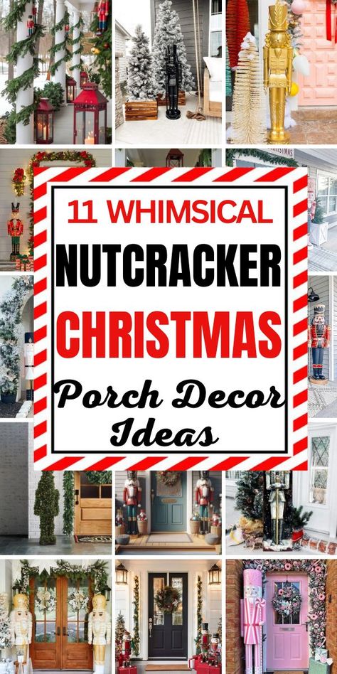 Bring holiday magic to your entryway with these Nutcracker-inspired porch decor ideas! From classic soldiers to DIY accents and festive wreaths, these designs create a warm and welcoming vibe. Perfect for spreading Christmas cheer to everyone who visits! 🌟🎁 #NutcrackerDecor #ChristmasPorchIdeas #HolidayEntrywayDecor Nutcracker Diy Ornaments, Nutcracker Outdoor Decor, Nutcracker Wreath Diy, Nut Cracker Ideas, Nutcracker Christmas Decorations Ideas, Nutcracker Door Decorations, Diy Nutcracker Soldier Outdoor, Nutcracker Decorations Ideas, Nutcracker Wreath Ideas