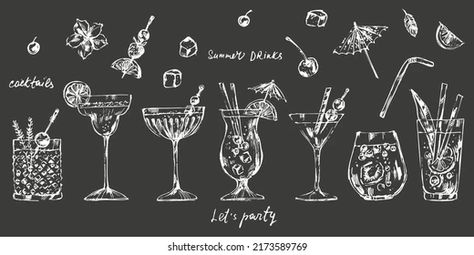 Stock Photo and Image Portfolio by Katya Bogina | Shutterstock Menu Design Party, Straw Umbrella, Bar Menu Design, Chalk Sketch, Background Bar, Food Sketch, Alcoholic Cocktails, Fresh Image, Sketch Illustration