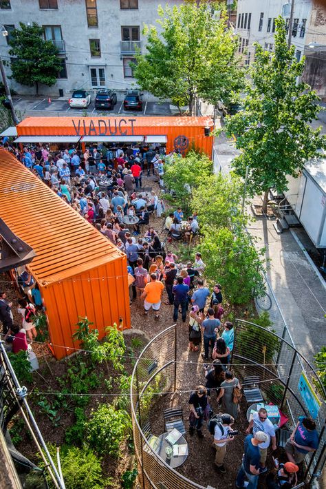 VIADUCT RAIL PARK — HOOD DESIGN STUDIO Beer Garden Ideas, Shipping Container Restaurant, Outdoor Restaurant Patio, Shipping Container Architecture, Container Restaurant, Container Cafe, Container Bar, Food Park, Hood Design