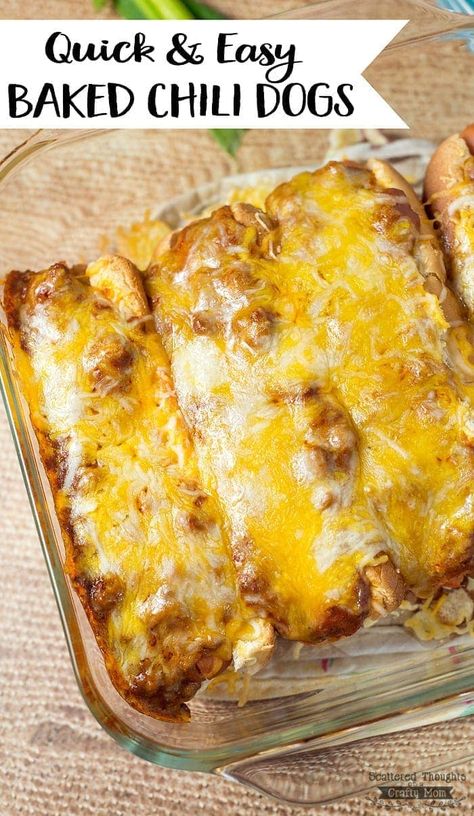 Baked Chili Dogs, Chili Hotdogs, Chili Dog Bake, Chili Dog Chili Recipe, Baked Chili, Chili Dog, Chili Dogs, Quick Dinners, Hot Dog Recipes