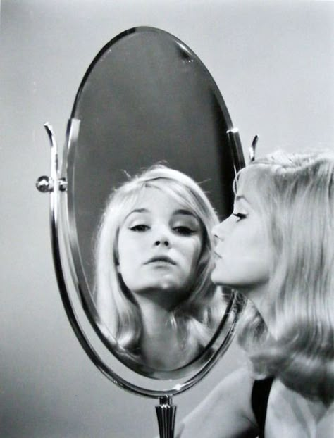 Woman Looking In Mirror Photography, Holding Mirror Reference, Woman Looking In Mirror, Looking Into Mirror, Yvette Mimieux, Mirror Drawings, Mirror Photography, Reflection Art, Face Drawing Reference