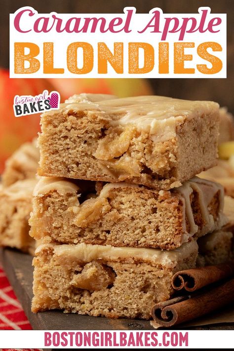 Caramel apple blondies are a quick and easy Fall treat you can make in a jiffy. Fresh apples get folded into a brown sugar blondie batter, then topped with a salted caramel icing. You can make these caramel apple blondies easily without a mixer and mix up in 30 minutes or less! They’re moist and chewy, with a delicious caramel flavor that pairs perfectly with the tart apples. And let’s not forget the icing! It’s rich and creamy, and it takes the blondies to the next level. | @bostongirlbakes Apple Blondies With Maple Glaze, Halloween Blondie Bars, Carmel Apple Blondies, Caramel Apple Brownies, Thanksgiving Blondies, Fall Blondies, Caramel Bits Recipes, Fresh Apple Recipes Easy, Christmas Blondies