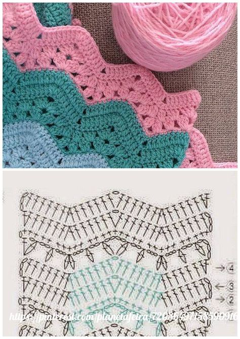 Uncinetto Zig Zag, Ripple Stitch Crochet, Zig Zag Crochet, Diy Crafts Crochet, Crochet Stitches Diagram, Crochet Pillow Pattern, Crochet Bedspread, Crochet Square Patterns, Crochet Motifs