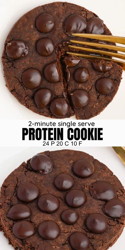 Single serve chocolate protein cookie recipe for fitness, cooked in the microwave in 2 minutes Protein Cookie Single Serve, Quest Cookie Recipe, Microwave Protein Cookie, Single Serving Protein Cookie, Healthy Microwave Cookie, Single Serve Protein Dessert, Single Serve Protein Cookie, Chocolate Protein Cookies, Protein Cookies Chocolate