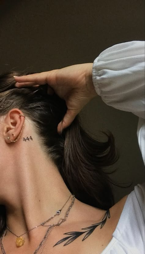 Tattoo Behind The Ear Women, Small 444 Tattoo Behind Ear, 111 Behind Ear Tattoo, 444 Tattoo Back Of Neck, 444 Neck Tattoos Women, Angel Number Ear Tattoo, 444 Tattoo Ideas Behind Ear, 444 Tattoo On Neck, 444 Behind The Ear Tattoo