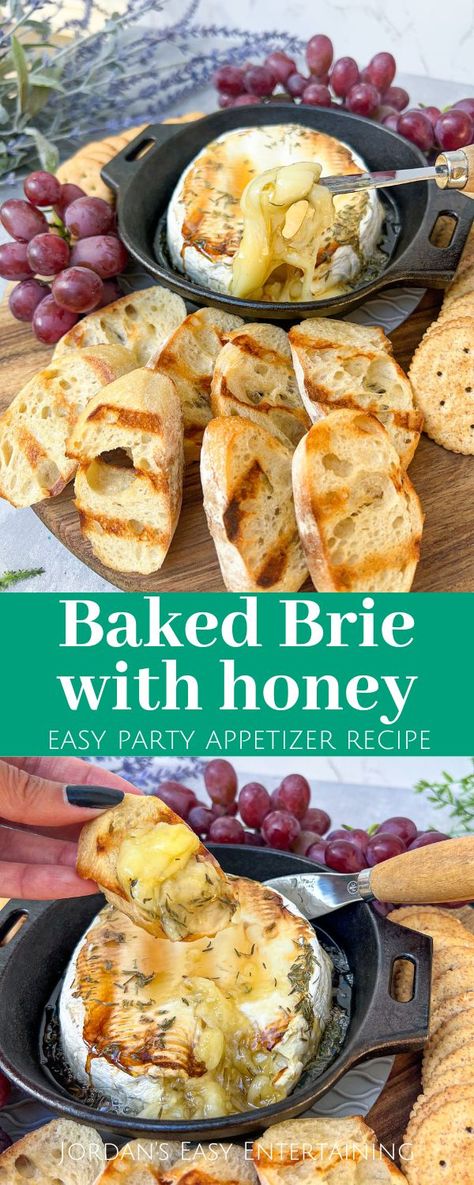 This baked brie with honey recipe is one of those easy party appetizers full of ooey gooey cheesy goodness, topped with sweet drizzly golden honey and just a touch of savory flavor. Baked Cheese With Honey, Brie Honey Recipes, Brie Cheese And Honey, Brie Hot Honey Appetizer, Best Brie Appetizer, Appetizer Recipes With Brie Cheese, Oven Brie Recipes, Spring Brie Appetizer, Baked Cheese Recipes Appetizers