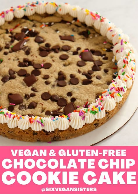 This cookie cake is soft, chewy, and completely gluten-free! And (as always) it’s vegan! It’s the perfect dessert for any occasion. #vegan #vegandesserts #vegancookies #veganrecipe #veganglutenfree #glutenfreevegan #glutenfreedesserts #sixvegansisters Gluten Free Chocolate Chip Cookie Cake Recipe, Cookie Cake Dairy Free, Gf Cookie Cake, Gluten Free Dairy Free Cookie Cake, Gluten Free Desserts Birthday, Vegan Gluten Free Birthday Cake, Vegan Cookie Cake Recipe, Vegan Gf Cake, Vegan Chocolate Chip Cake