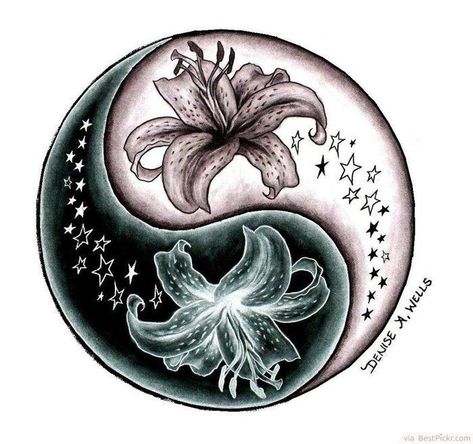 Yang Tattoo, Ying Yang, A Drawing, Yin Yang, Lily, Moon, Tattoos, Stars, Flowers